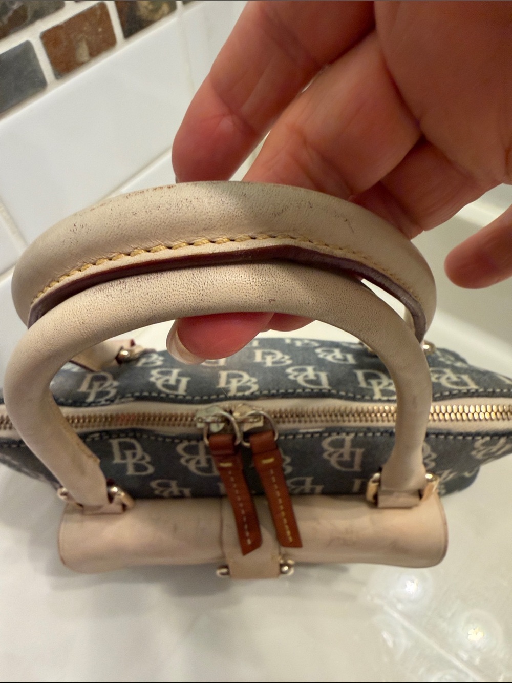 Dooney & Bourke Monogram Satchel in Brown and Cream - Picture 4 of 11